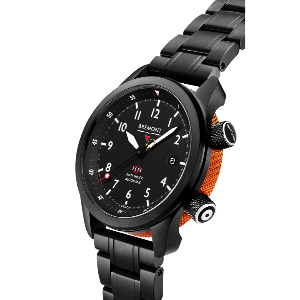 Bremont Watch Company Configurator MBII Custom DLC, Black Dial with Orange Barrel & Closed Case Back