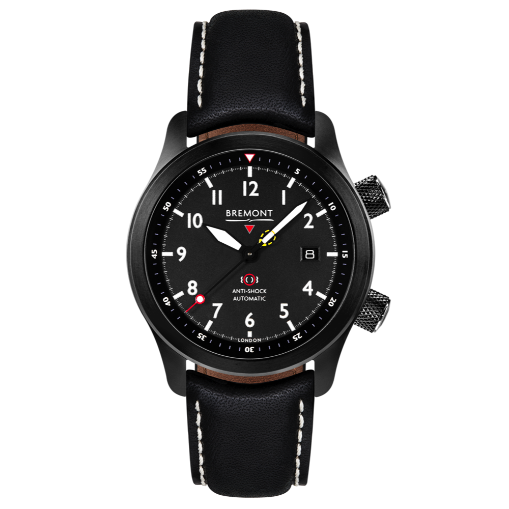 Bremont Watch Company Configurator Black with White Stitch Leather / Short / Pin Buckle MBII Custom DLC, Black Dial with Orange Barrel & Closed Case Back