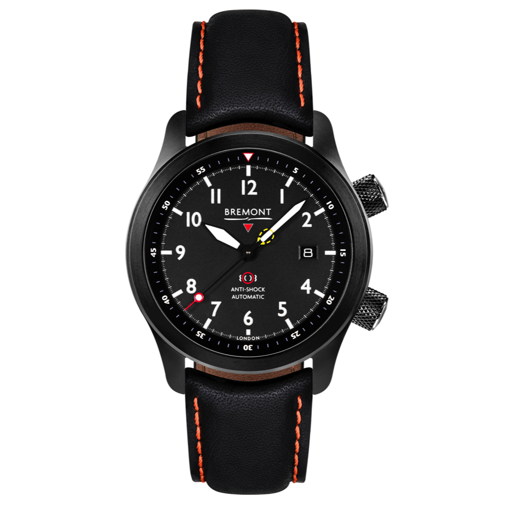 Bremont Watch Company Configurator Black with Orange Stitch Leather / Short / Pin Buckle MBII Custom DLC, Black Dial with Bronze Barrel & Closed Case Back