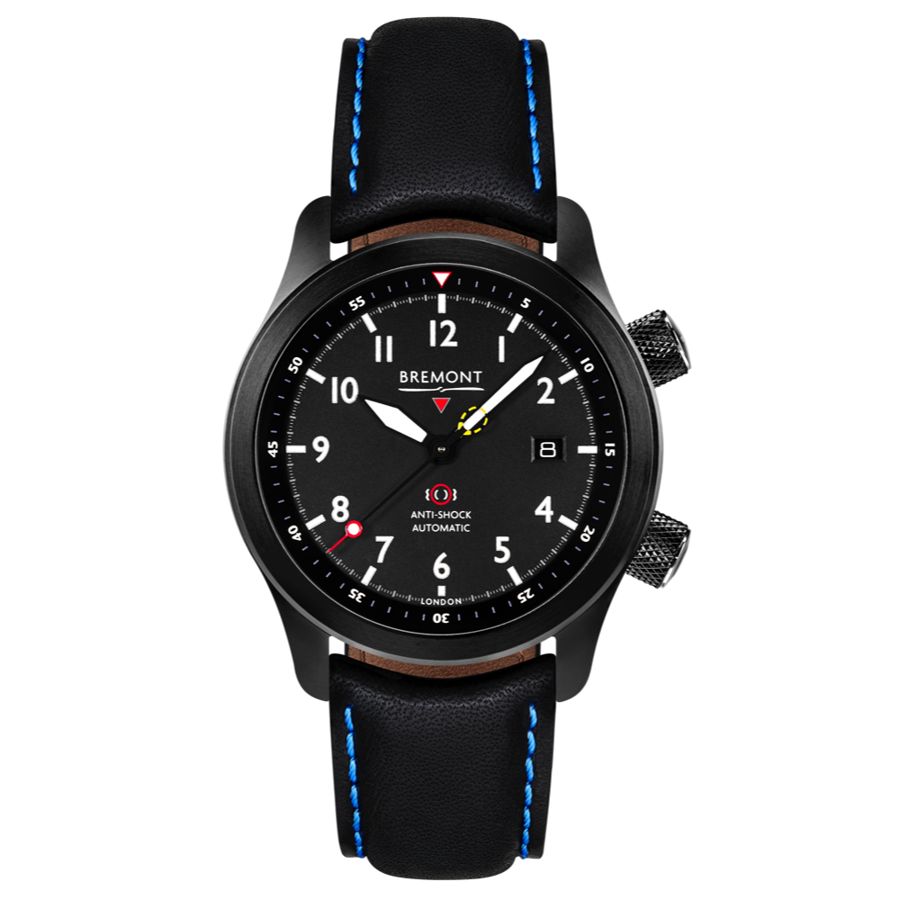 Bremont Watch Company Configurator Black with Blue Stitch Leather / Short / Pin Buckle MBII Custom DLC, Black Dial with Orange Barrel & Closed Case Back