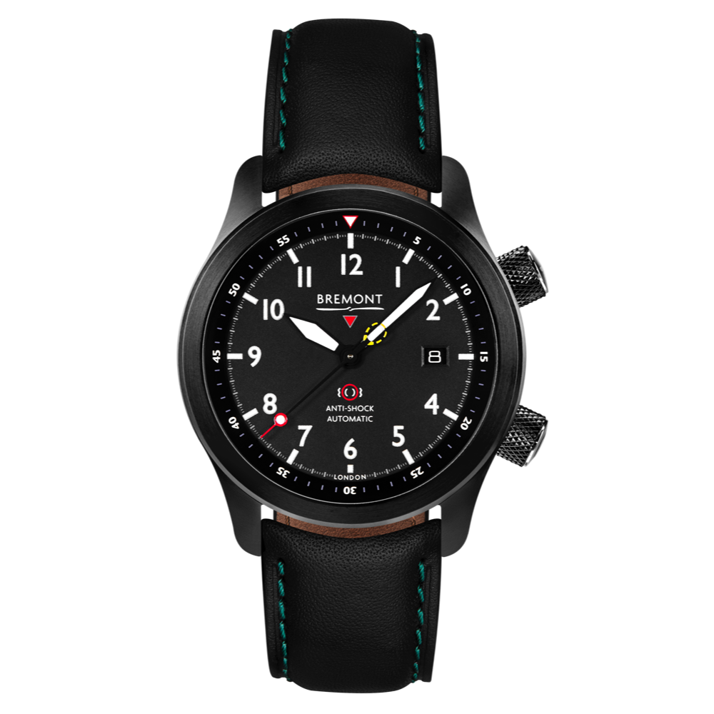 Bremont Watch Company Configurator Black with Green Stitch Leather / Short / Pin Buckle MBII Custom DLC, Black Dial with Bronze Barrel & Closed Case Back