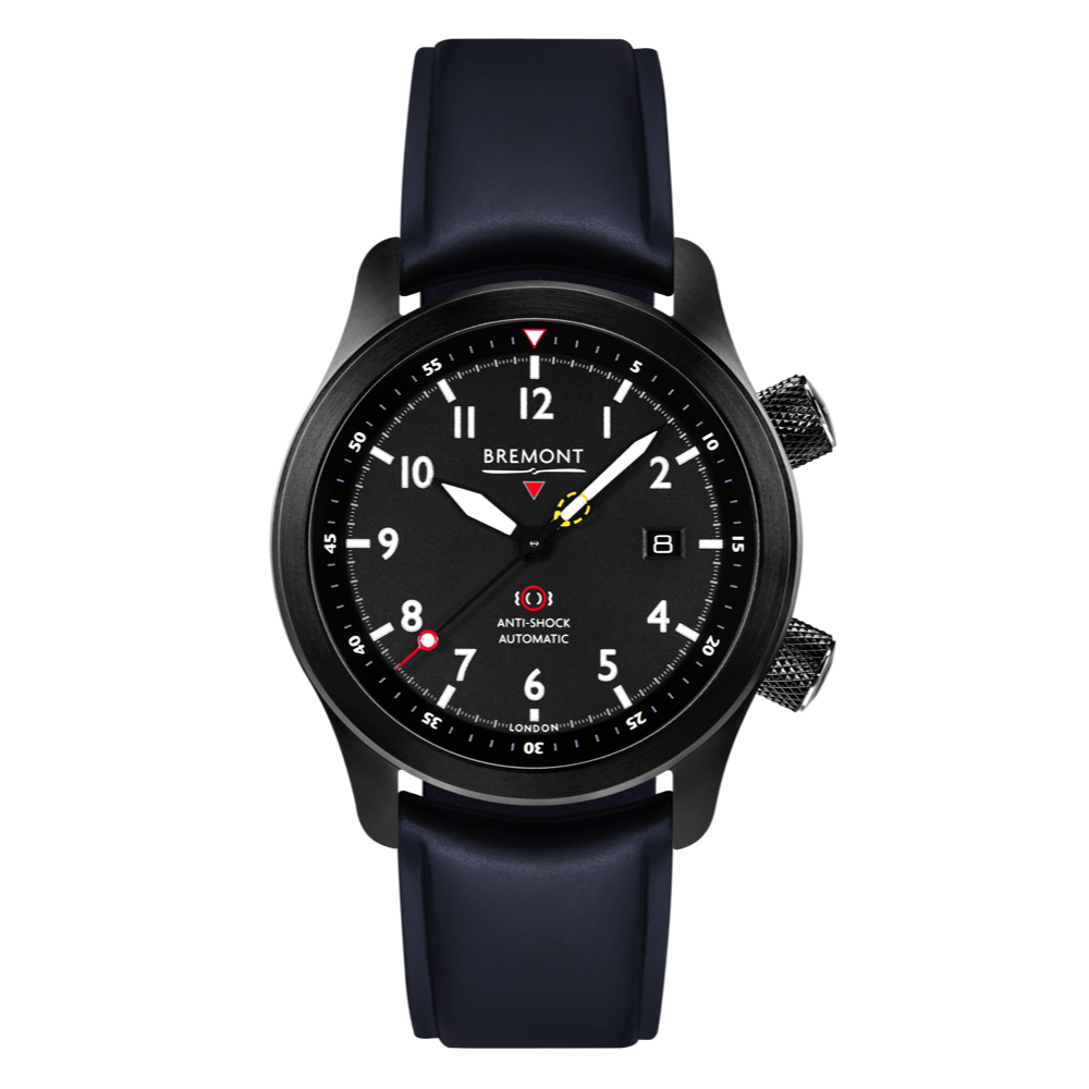 Bremont Watch Company Configurator Blue Temple Island / Short / Pin Buckle MBII Custom DLC, Black Dial with Purple Barrel & Open Case Back