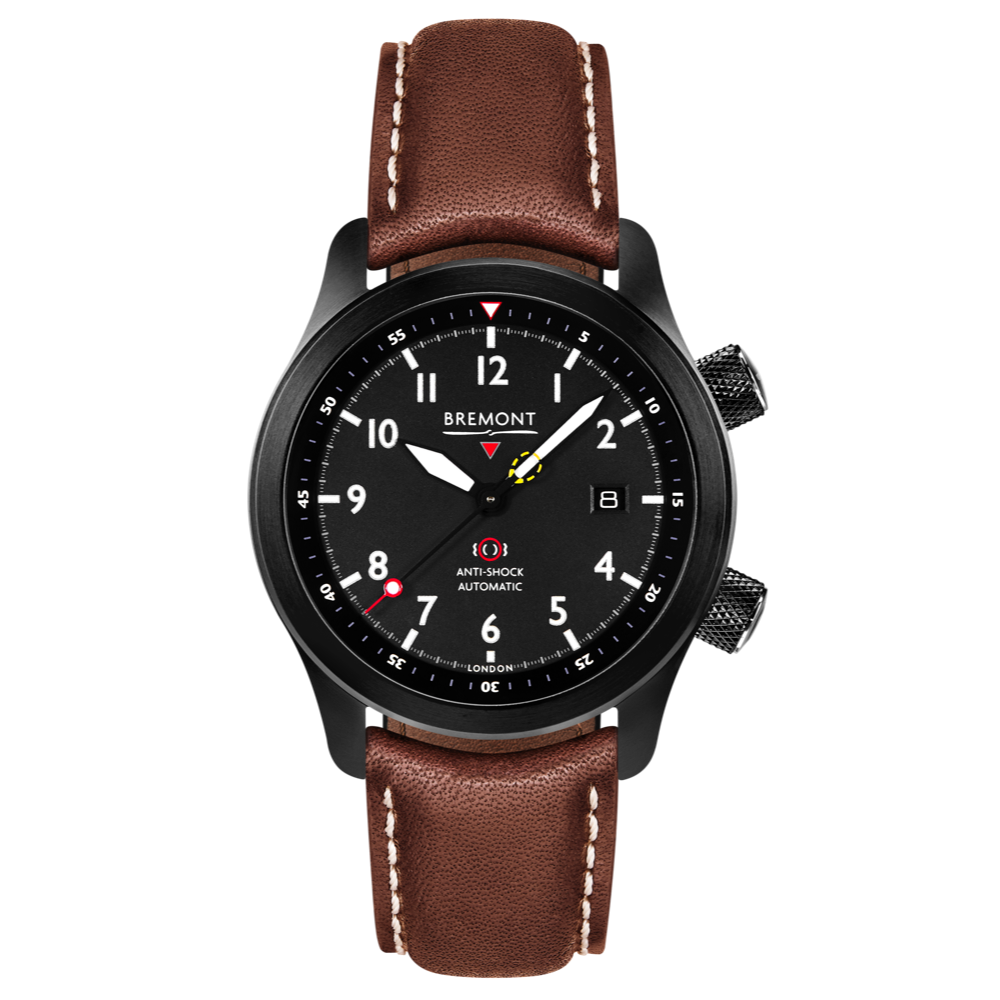 Bremont Watch Company Configurator Brown with White Stitch Leather / Short / Pin Buckle MBII Custom DLC, Black Dial with Anthracite Barrel & Open Case Back