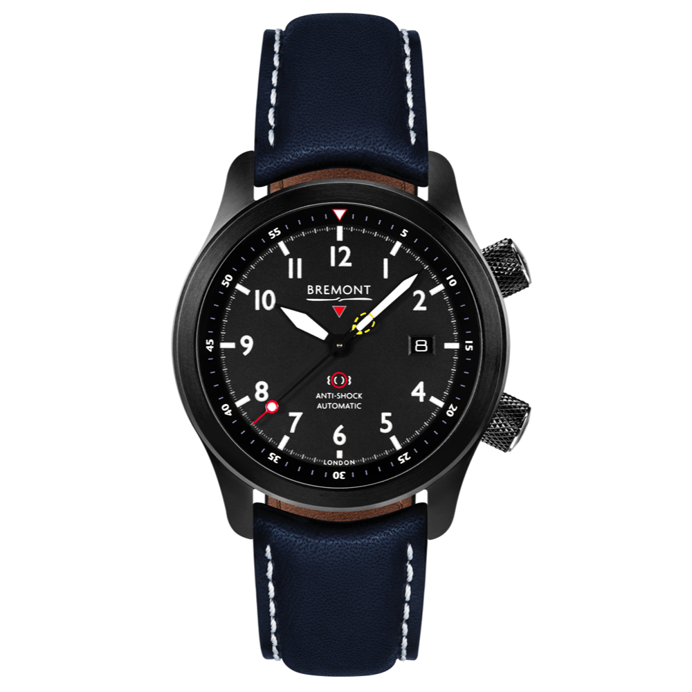 Bremont Watch Company Configurator Blue with White Stitch Leather / Short / Pin Buckle MBII Custom DLC, Black Dial with Anthracite Barrel & Open Case Back