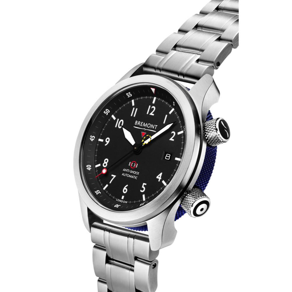 Bremont Watch Company Configurator MBII Custom Stainless Steel, Black Dial with Blue Barrel & Closed Case Back