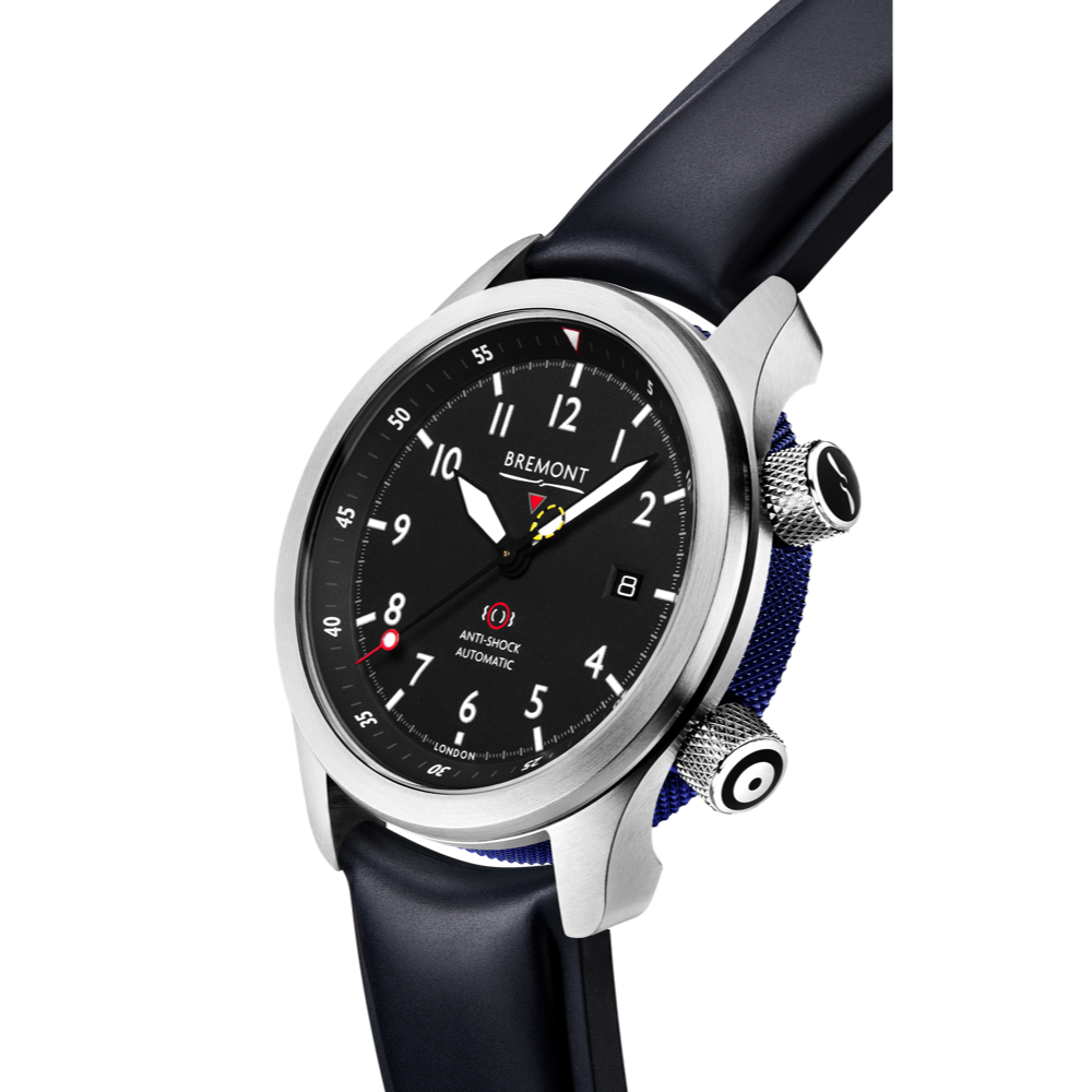 Bremont Watch Company Configurator MBII Custom Stainless Steel, Black Dial with Blue Barrel & Closed Case Back