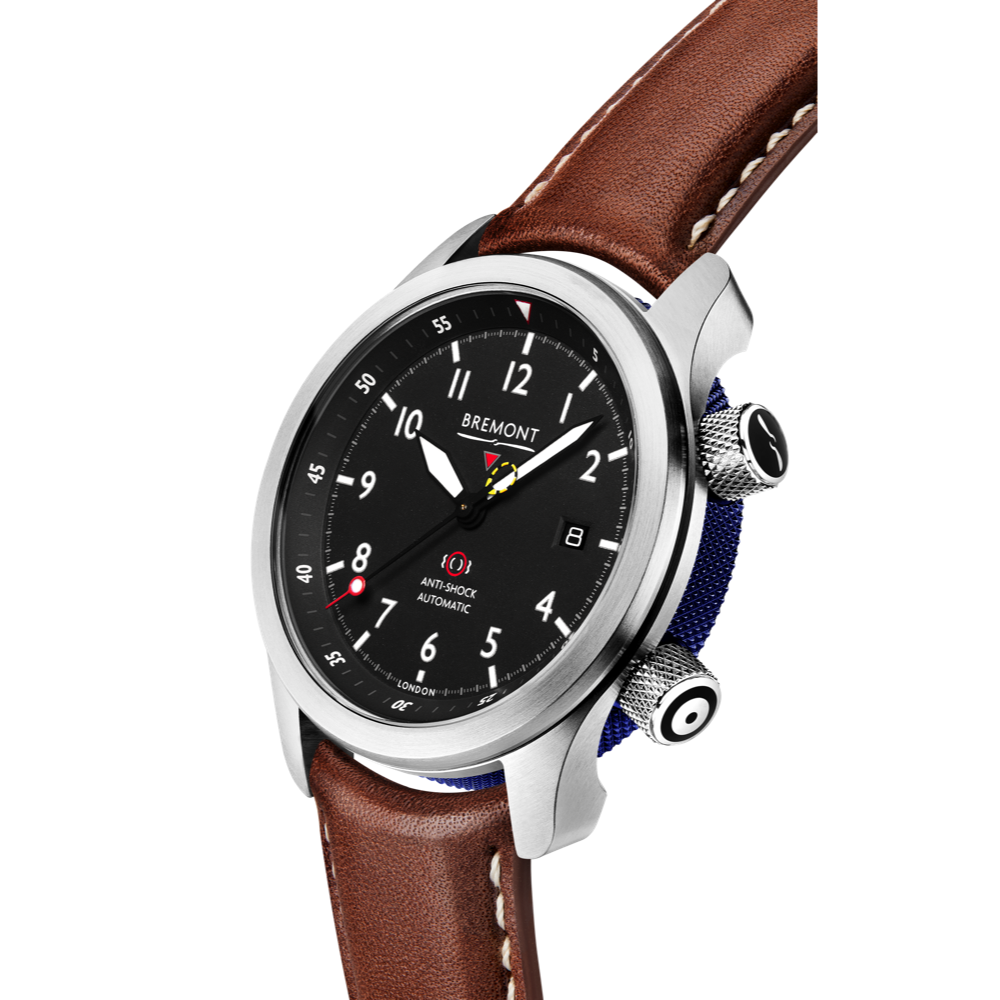 Bremont Watch Company Configurator MBII Custom Stainless Steel, Black Dial with Blue Barrel & Closed Case Back