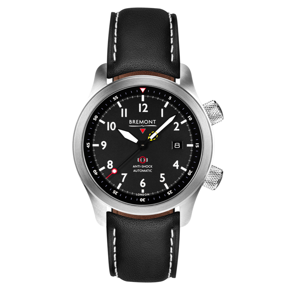 Bremont Watch Company Configurator Grey with White Stitch Leather / Short / Pin Buckle MBII Custom Stainless Steel, Black Dial with Blue Barrel & Open Case Back