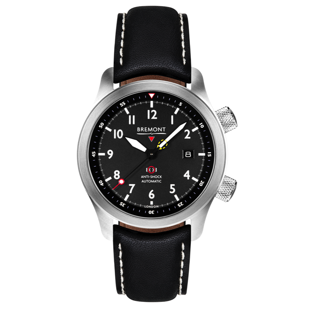 Bremont Watch Company Configurator Black with White Stitch Leather / Short / Pin Buckle MBII Custom Stainless Steel, Black Dial with Blue Barrel & Open Case Back