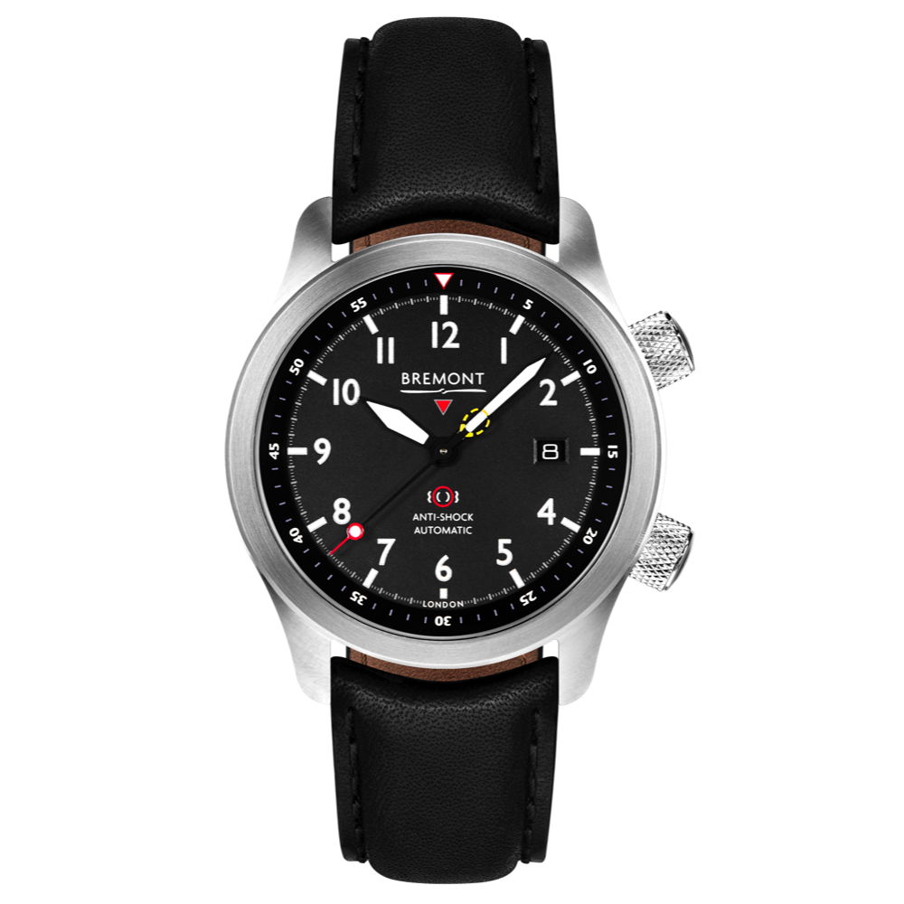 Bremont Watch Company Configurator Black with Black Stitch Leather / Short / Pin Buckle MBII Custom Stainless Steel, Black Dial with Blue Barrel & Open Case Back