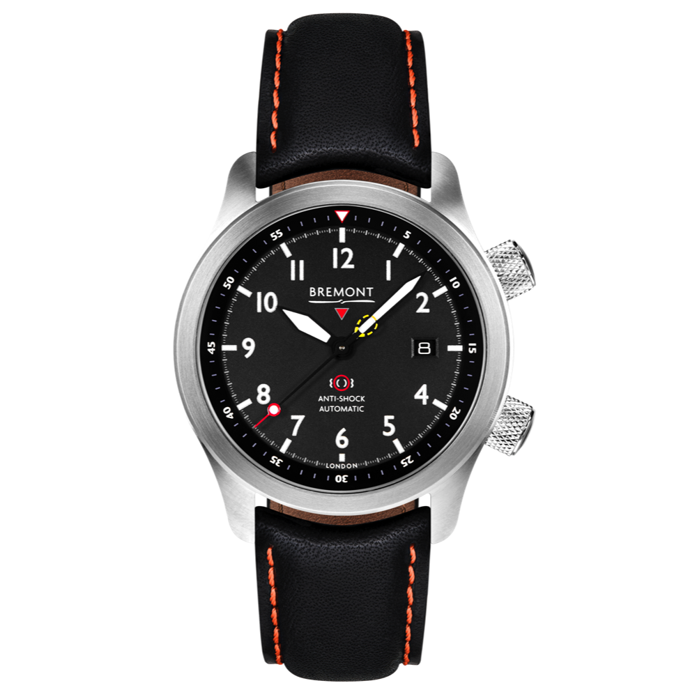 Bremont Watch Company Configurator Black with Orange Stitch Leather / Short / Pin Buckle MBII Custom Stainless Steel, Black Dial with Green Barrel & Open Case Back