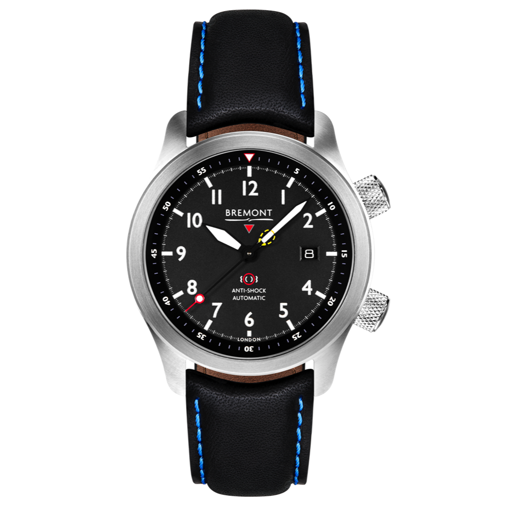 Bremont Watch Company Configurator Black with Blue Stitch Leather / Short / Pin Buckle MBII Custom Stainless Steel, Black Dial with Blue Barrel & Open Case Back