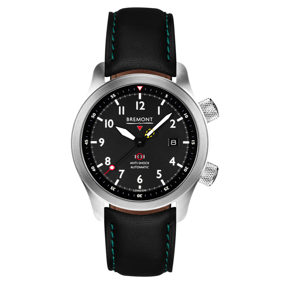 Bremont Watch Company Configurator Black with Green Stitch Leather / Short / Pin Buckle MBII Custom Stainless Steel, Black Dial with Blue Barrel & Open Case Back