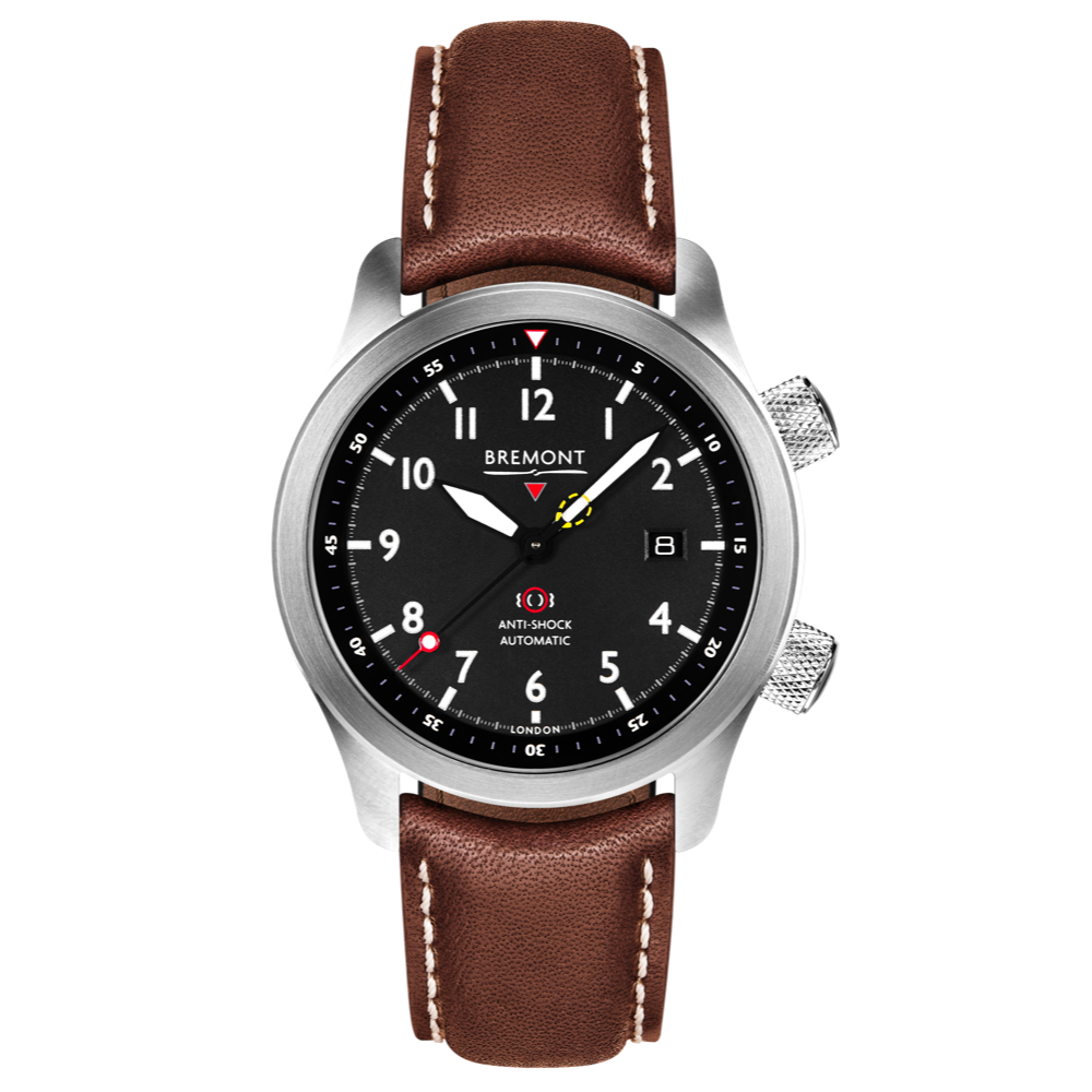 Bremont Watch Company Configurator Brown with White Stitch Leather / Short / Pin Buckle MBII Custom Stainless Steel, Black Dial with Blue Barrel & Open Case Back