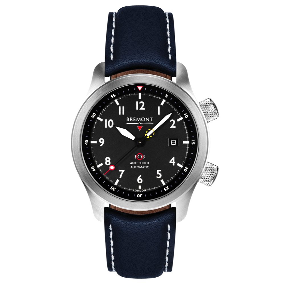 Bremont Watch Company Configurator Blue with White Stitch Leather / Short / Pin Buckle MBII Custom Stainless Steel, Black Dial with Blue Barrel & Open Case Back