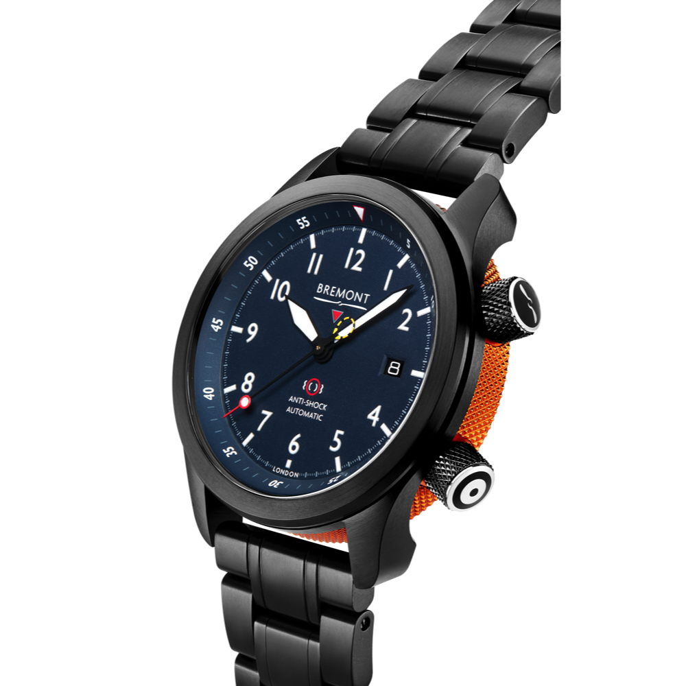 Bremont Watch Company Configurator MBII Custom DLC, Blue Dial with Orange Barrel & Open Case Back