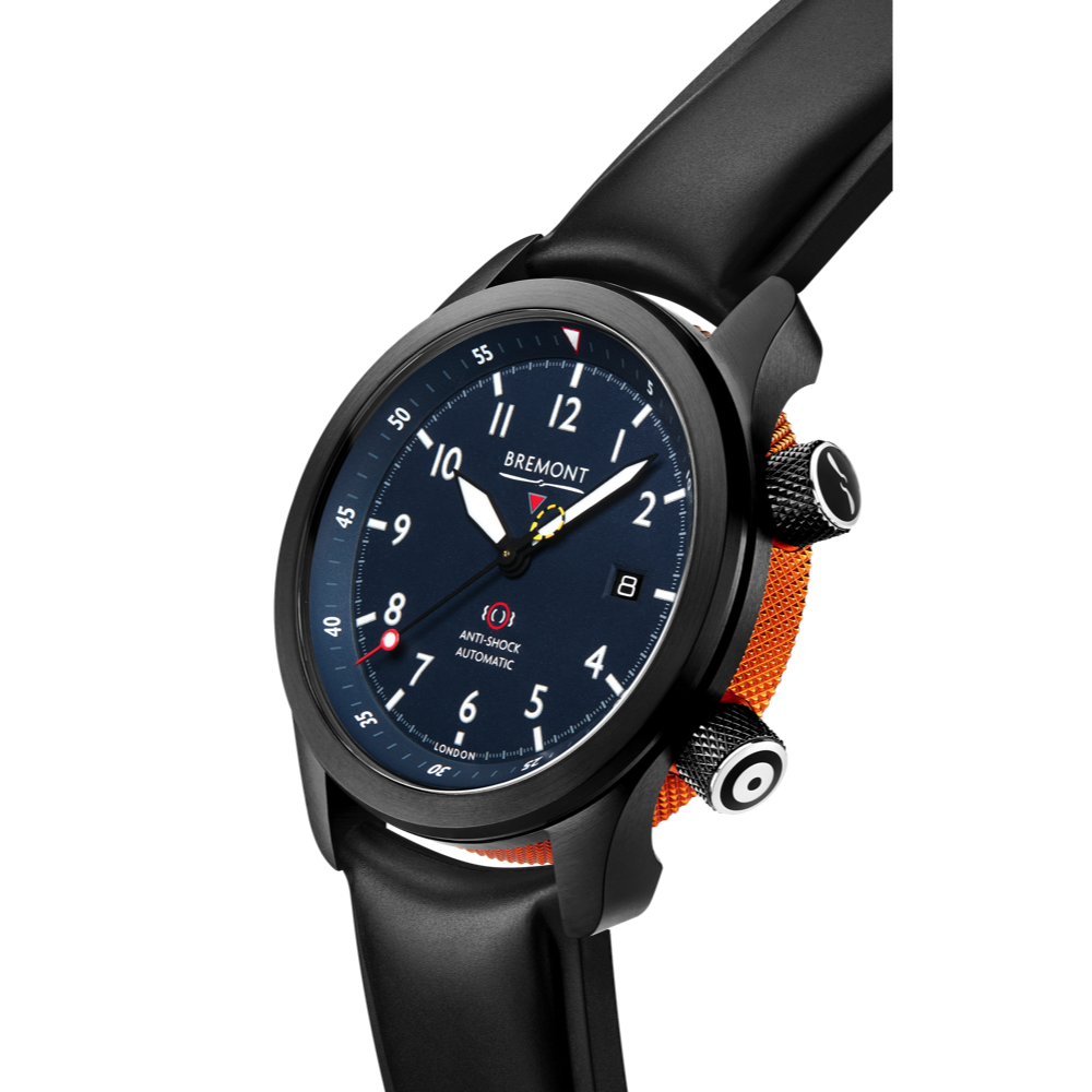 Bremont Watch Company Configurator MBII Custom DLC, Blue Dial with Orange Barrel & Open Case Back