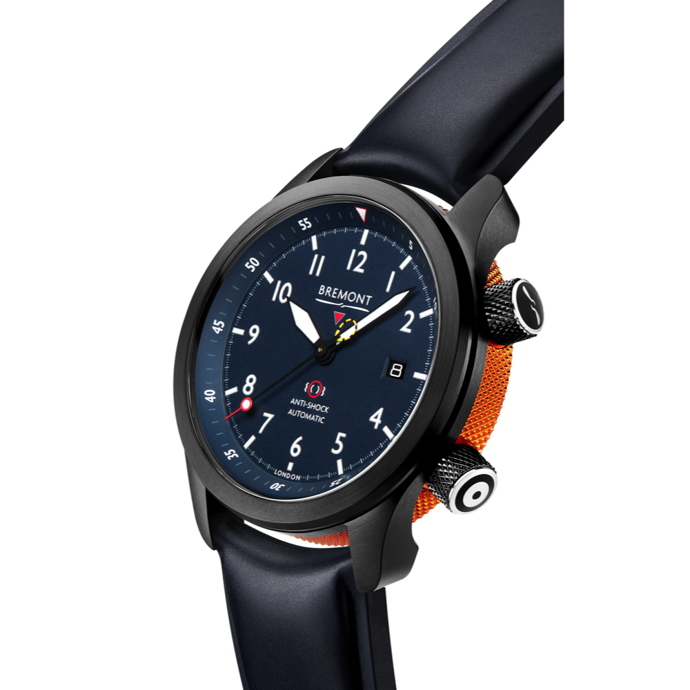 Bremont Watch Company Configurator MBII Custom DLC, Blue Dial with Orange Barrel & Open Case Back