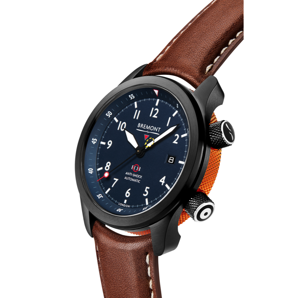 Bremont Watch Company Configurator MBII Custom DLC, Blue Dial with Orange Barrel & Open Case Back