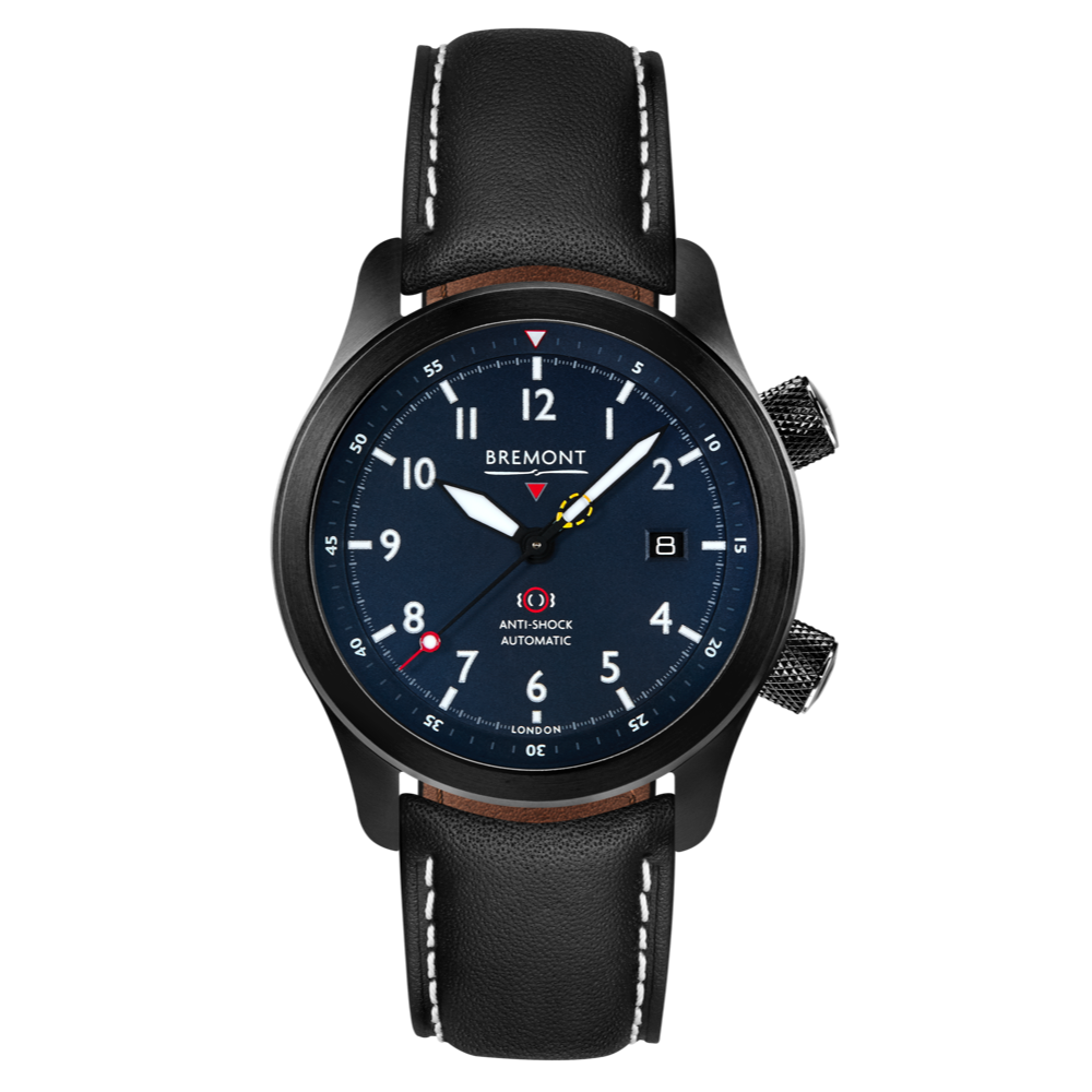 Bremont Watch Company Configurator Grey with White Stitch Leather / Short / Pin Buckle MBII Custom DLC, Blue Dial with Orange Barrel & Open Case Back