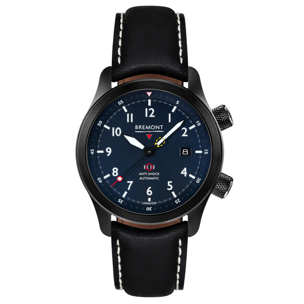 Bremont Watch Company Configurator Black with White Stitch Leather / Short / Pin Buckle MBII Custom DLC, Blue Dial with Orange Barrel & Open Case Back