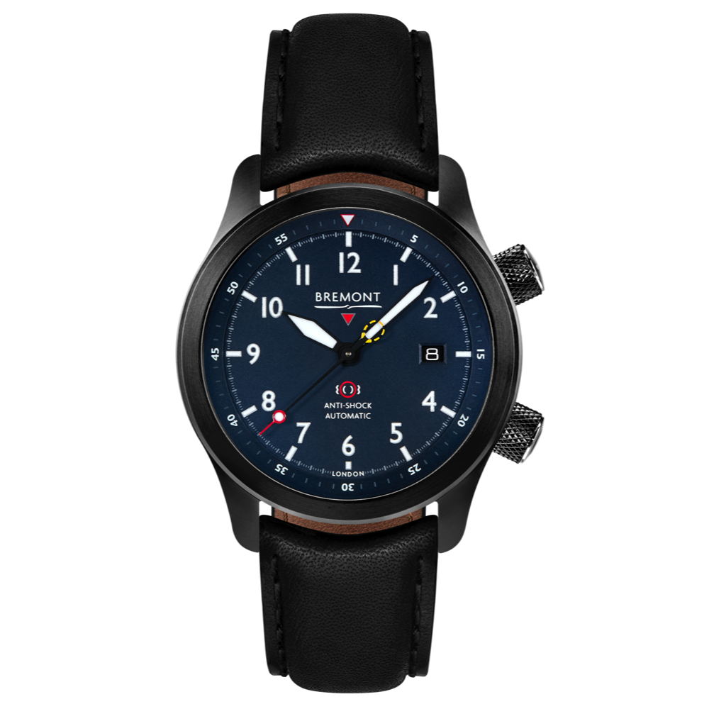 Bremont Watch Company Configurator Black with Black Stitch Leather / Short / Pin Buckle MBII Custom DLC, Blue Dial with Orange Barrel & Open Case Back