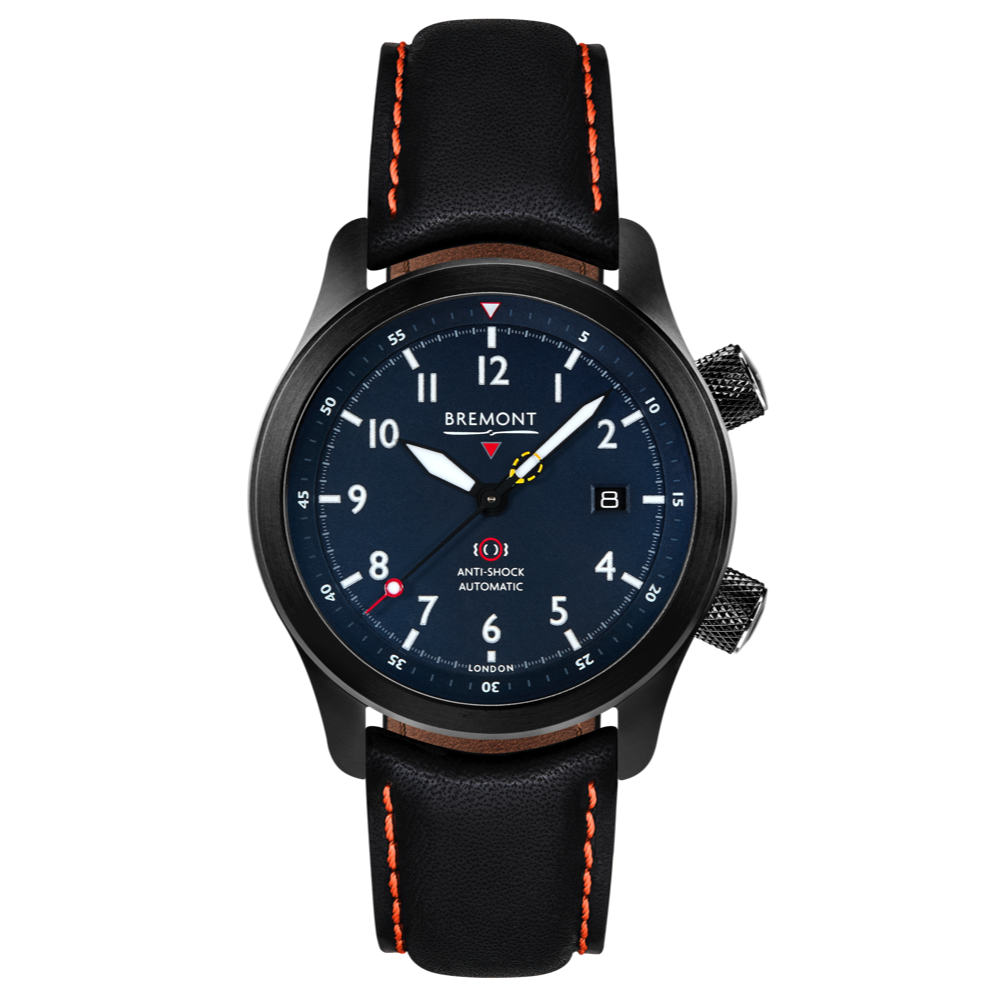 Bremont Watch Company Configurator Black with Orange Stitch Leather / Short / Pin Buckle MBII Custom DLC, Blue Dial with Orange Barrel & Open Case Back