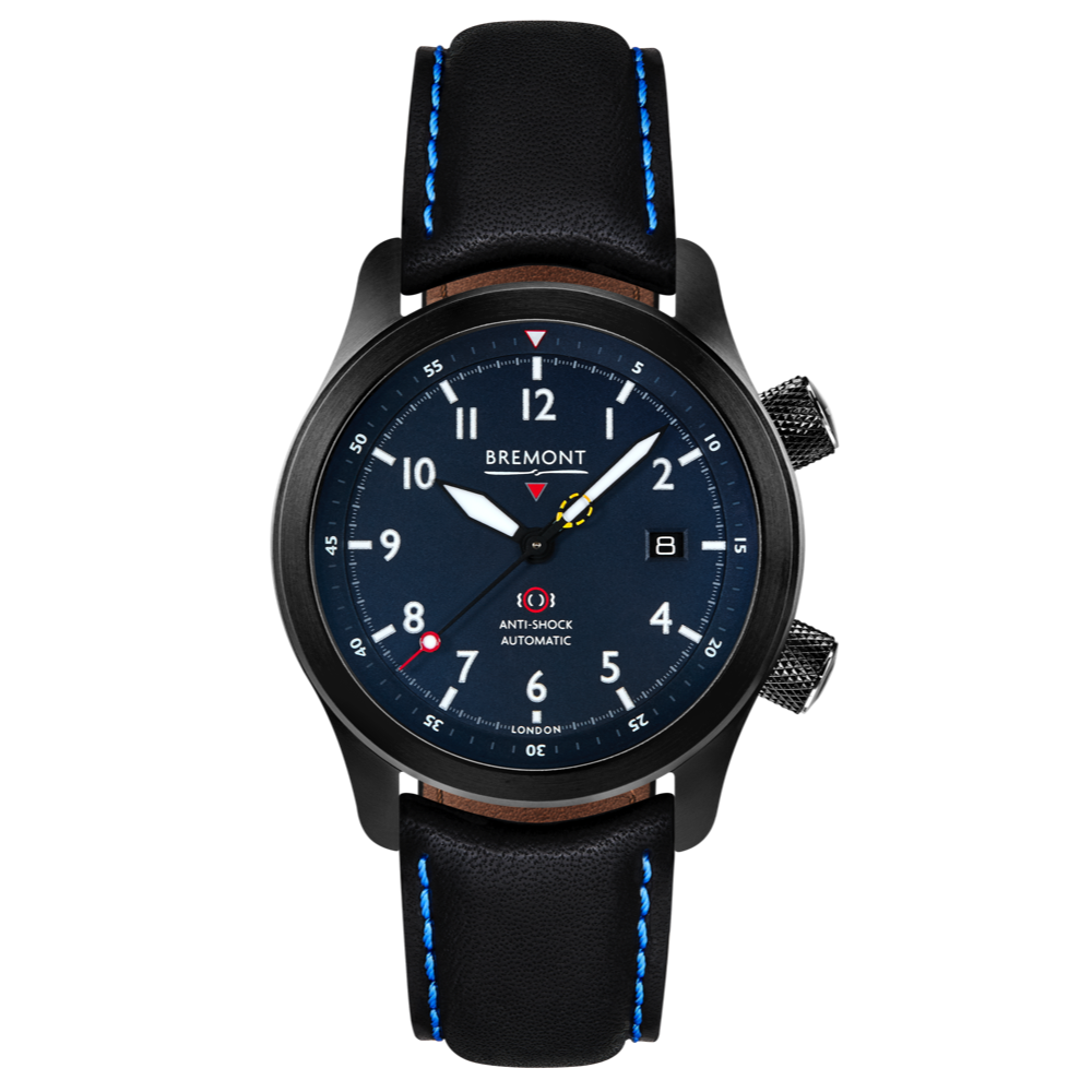 Bremont Watch Company Configurator Black with Blue Stitch Leather / Short / Pin Buckle MBII Custom DLC, Blue Dial with Orange Barrel & Open Case Back