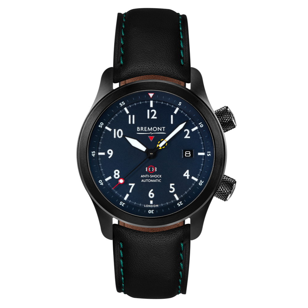 Bremont Watch Company Configurator Black with Green Stitch Leather / Short / Pin Buckle MBII Custom DLC, Blue Dial with Orange Barrel & Open Case Back