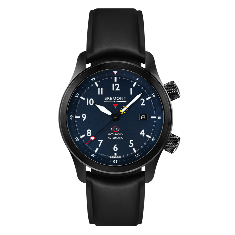 Bremont Watch Company Configurator Black Temple Island / Short / Pin Buckle MBII Custom DLC, Blue Dial with Purple Barrel & Closed Case Back