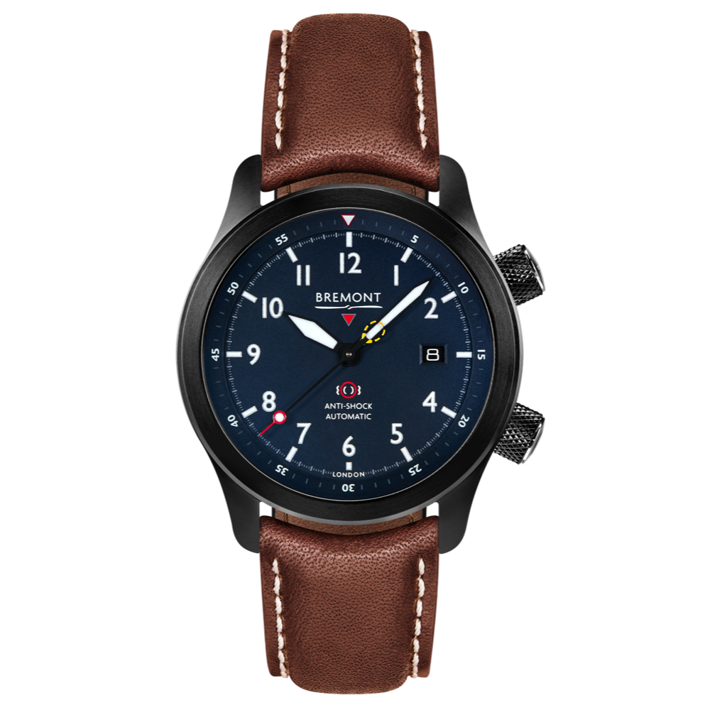 Bremont Watch Company Configurator Brown with White Stitch Leather / Short / Pin Buckle MBII Custom DLC, Blue Dial with Orange Barrel & Open Case Back