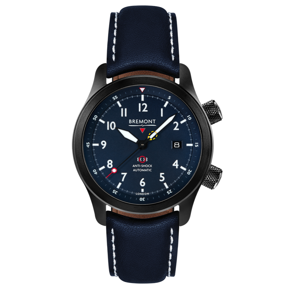 Bremont Watch Company Configurator Blue with White Stitch Leather / Short / Pin Buckle MBII Custom DLC, Blue Dial with Orange Barrel & Open Case Back