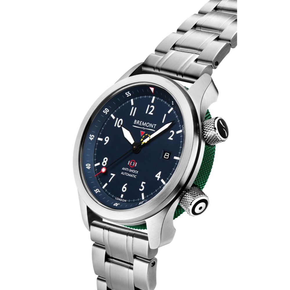 Bremont Watch Company Configurator MBII Custom Stainless Steel, Blue Dial with Green Barrel & Open Case Back