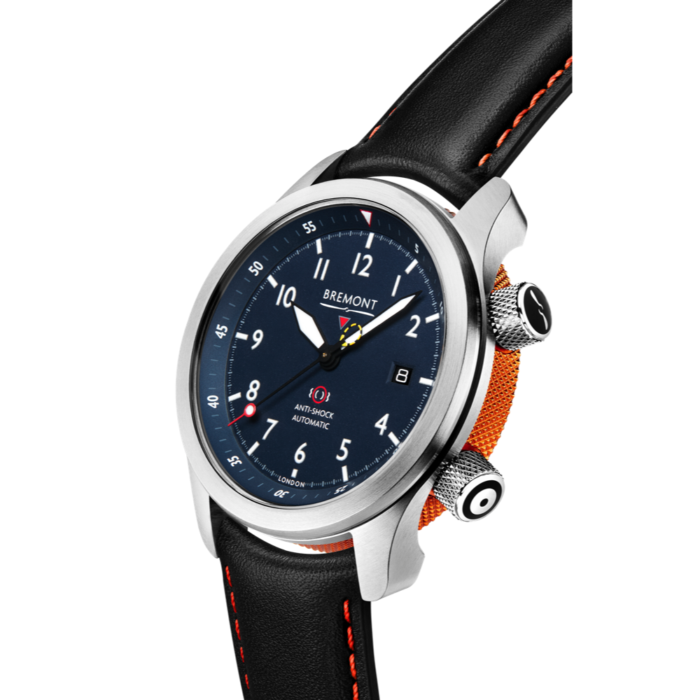 Bremont Watch Company Configurator MBII Custom Stainless Steel, Blue Dial with Orange Barrel & Closed Case Back