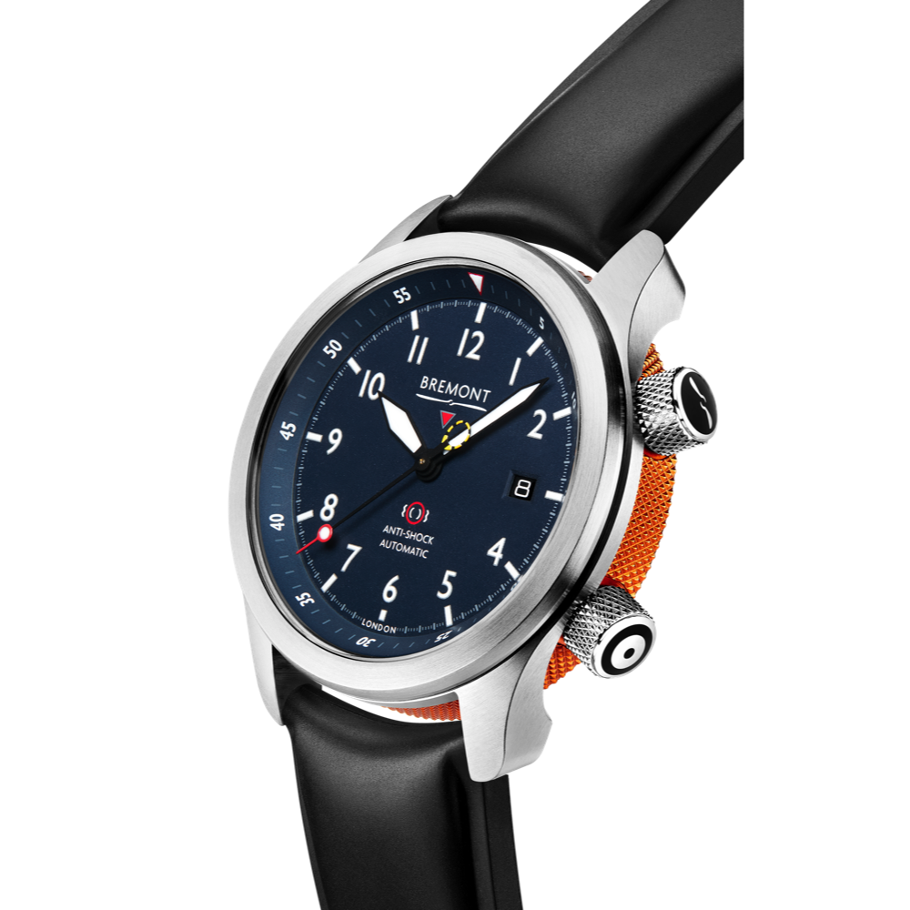 Bremont Watch Company Configurator MBII Custom Stainless Steel, Blue Dial with Orange Barrel & Closed Case Back