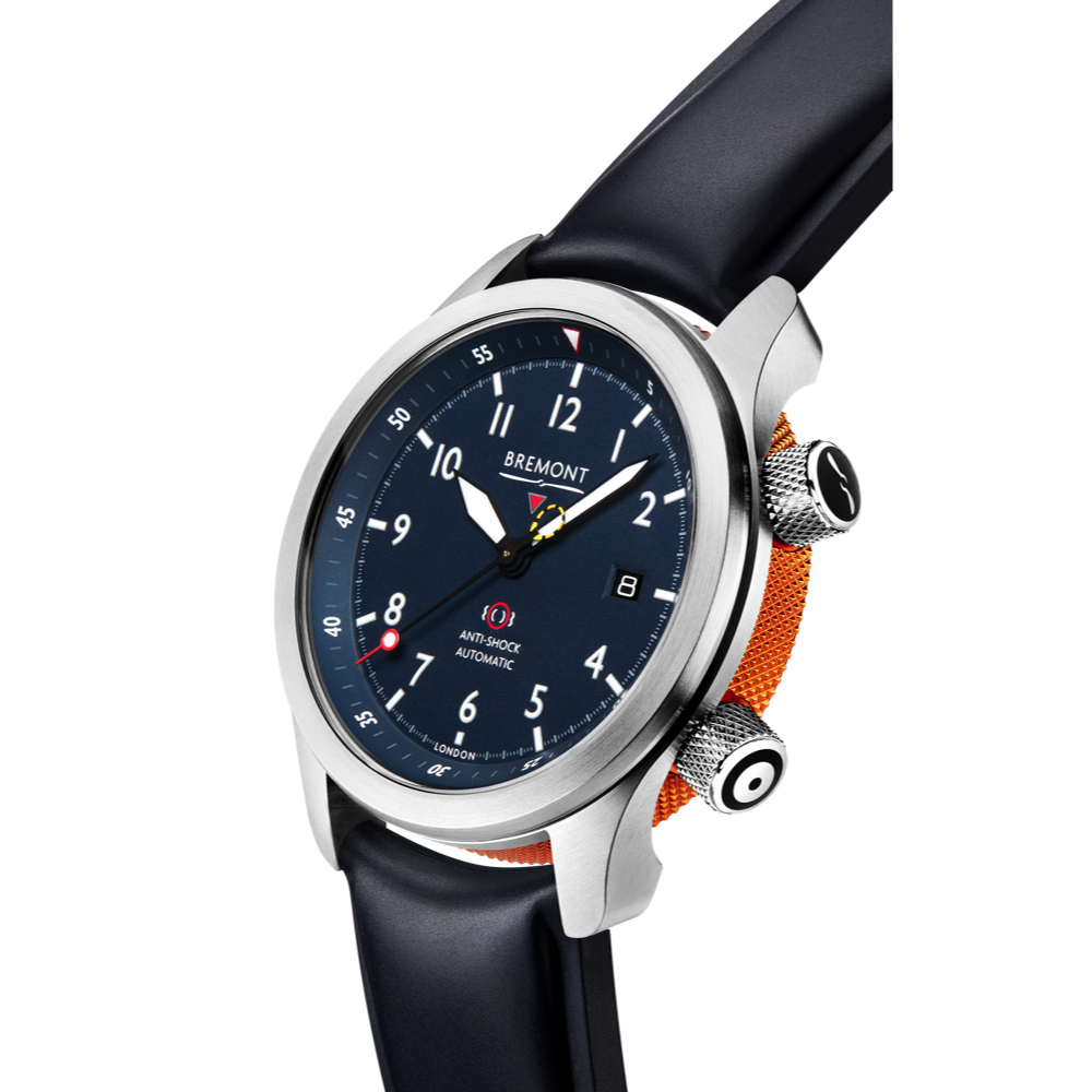 Bremont Watch Company Configurator MBII Custom Stainless Steel, Blue Dial with Orange Barrel & Open Case Back