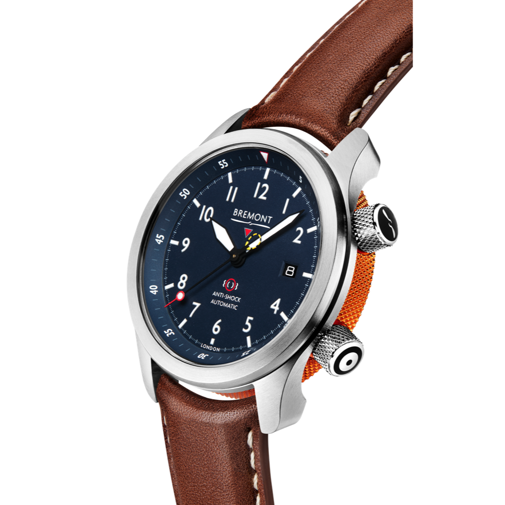 Bremont Watch Company Configurator MBII Custom Stainless Steel, Blue Dial with Orange Barrel & Closed Case Back