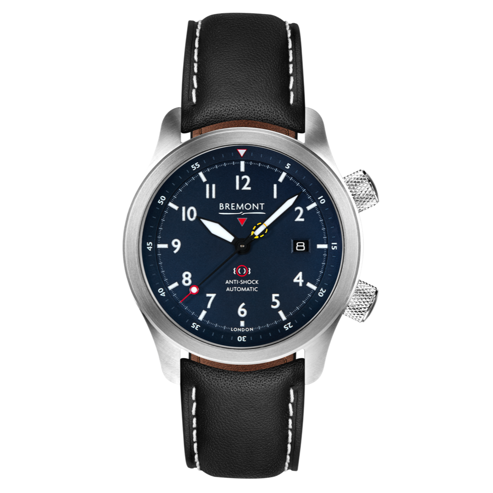 Bremont Watch Company Configurator Grey with White Stitch Leather / Short / Pin Buckle MBII Custom Stainless Steel, Blue Dial with Jet Barrel & Closed Case Back