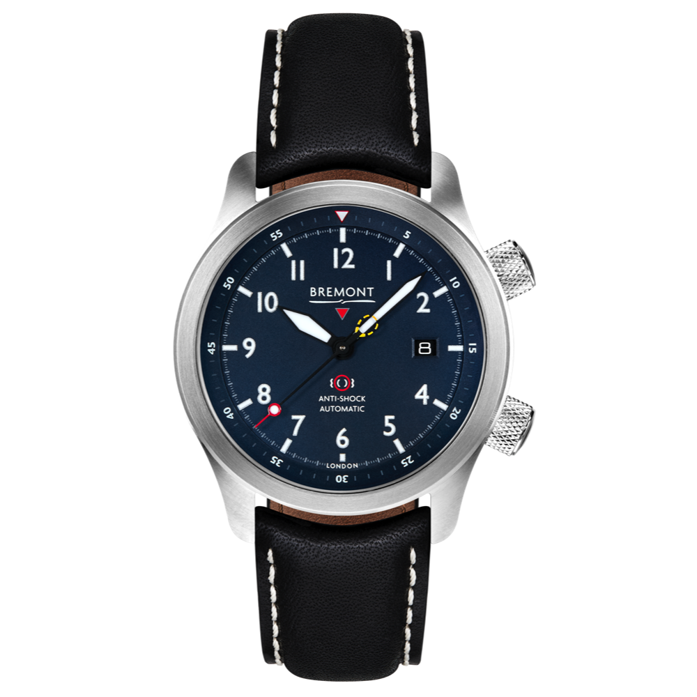 Bremont Watch Company Configurator Black with White Stitch Leather / Short / Pin Buckle MBII Custom Stainless Steel, Blue Dial with Jet Barrel & Closed Case Back