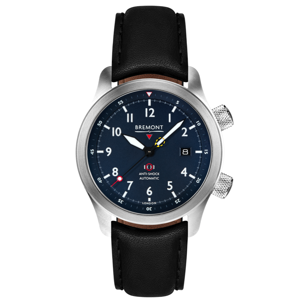 Bremont Watch Company Configurator Black with Black Stitch Leather / Short / Pin Buckle MBII Custom Stainless Steel, Blue Dial with Jet Barrel & Closed Case Back