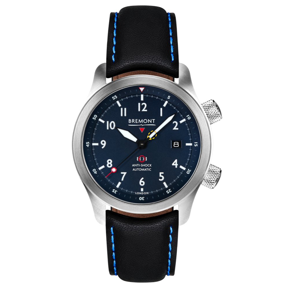 Bremont Watch Company Configurator Black with Blue Stitch Leather / Short / Pin Buckle MBII Custom Stainless Steel, Blue Dial with Jet Barrel & Closed Case Back