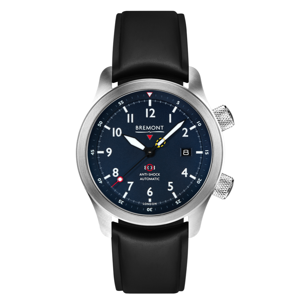 Bremont Watch Company Configurator Black Temple Island / Short / Pin Buckle MBII Custom Stainless Steel, Blue Dial with Jet Barrel & Closed Case Back