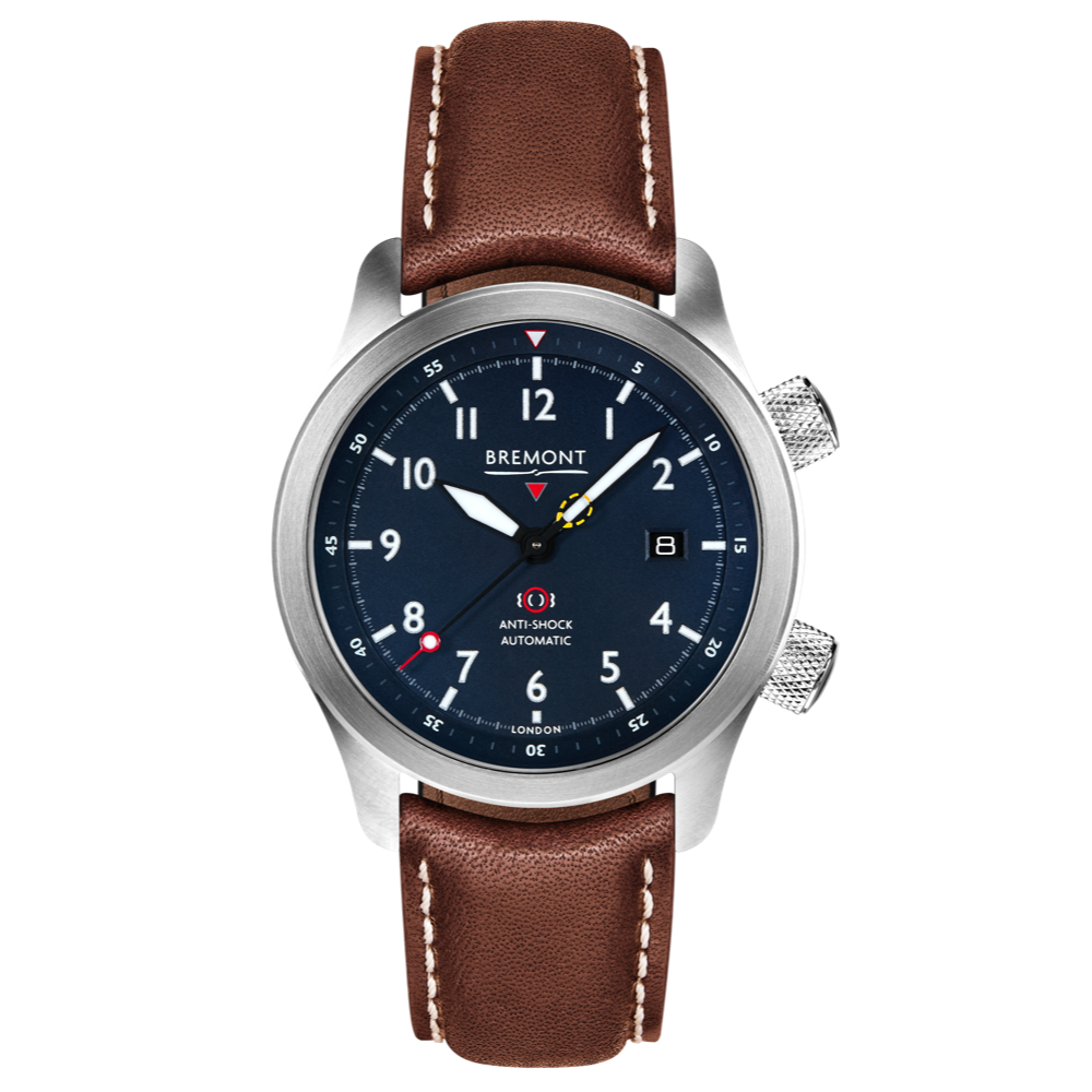 Bremont Watch Company Configurator Brown with White Stitch Leather / Short / Pin Buckle MBII Custom Stainless Steel, Blue Dial with Jet Barrel & Closed Case Back