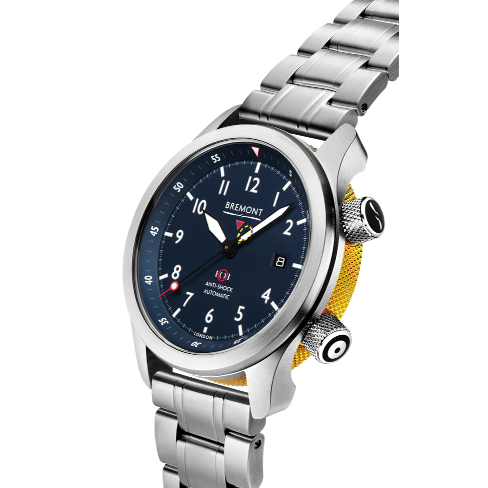 Bremont Watch Company Configurator MBII Custom Stainless Steel, Blue Dial with Yellow Barrel & Open Case Back