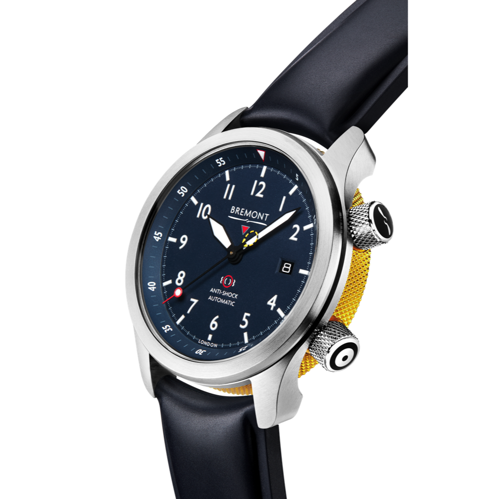 Bremont Watch Company Configurator MBII Custom Stainless Steel, Blue Dial with Yellow Barrel & Open Case Back