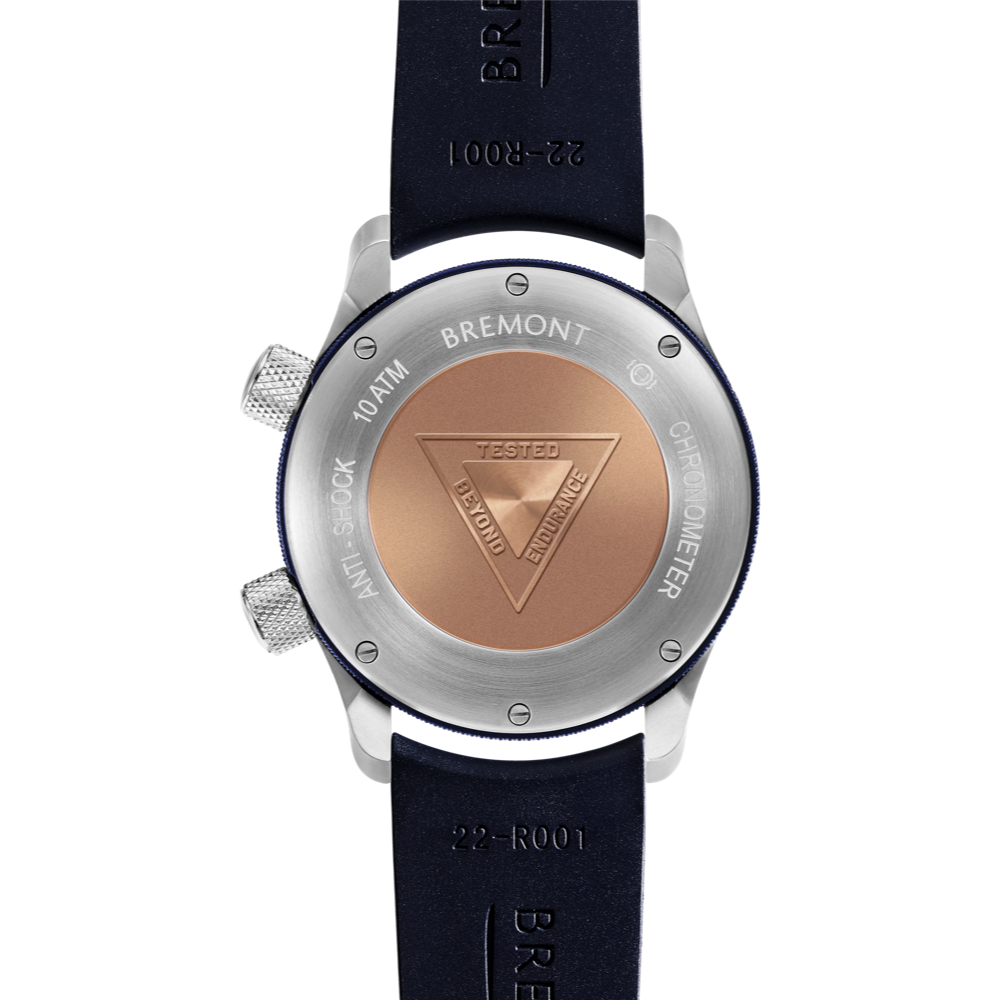 Bremont Watch Company Configurator MBII Custom Stainless Steel, Black Dial with Blue Barrel & Closed Case Back