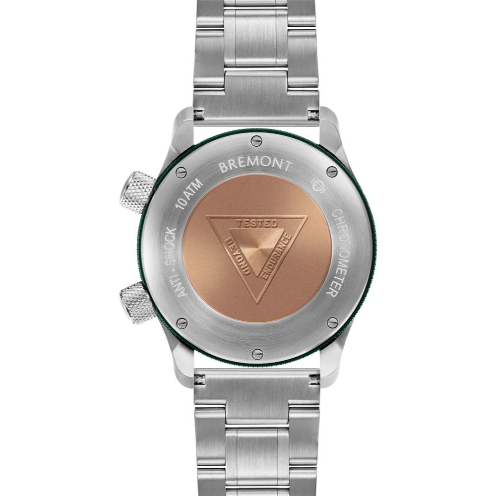 Bremont Watch Company Configurator MBII Custom Stainless Steel, White Dial with Green Barrel & Closed Case Back