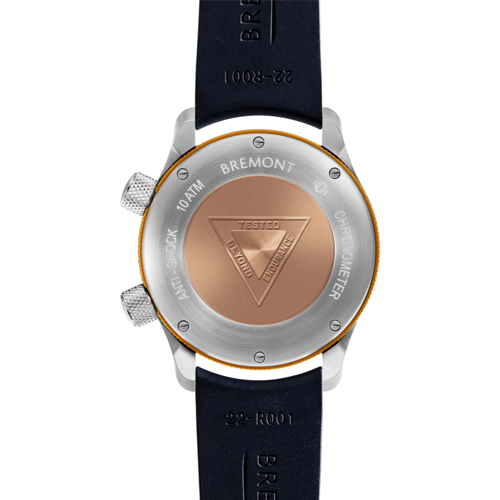 Bremont Watch Company Configurator MBII Custom Stainless Steel, Blue Dial with Yellow Barrel & Closed Case Back