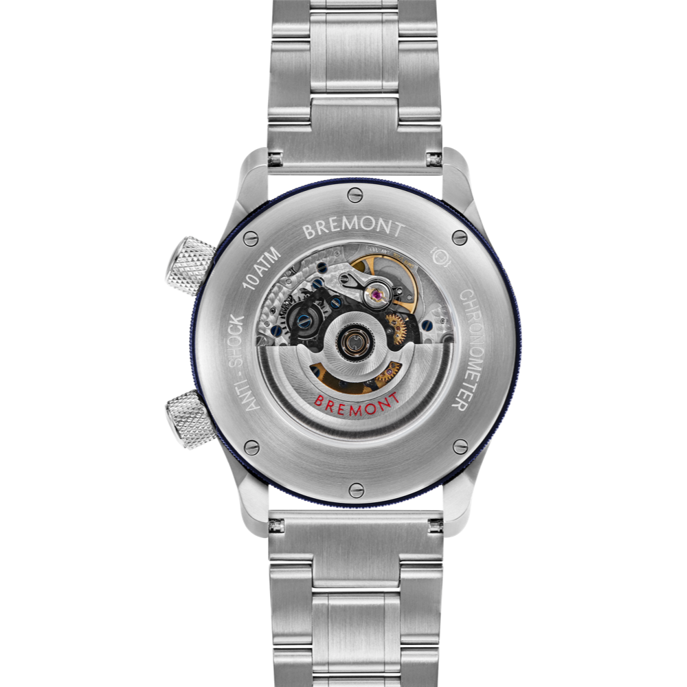 Bremont Watch Company Configurator MBII Custom Stainless Steel, White Dial with Blue Barrel & Open Case Back