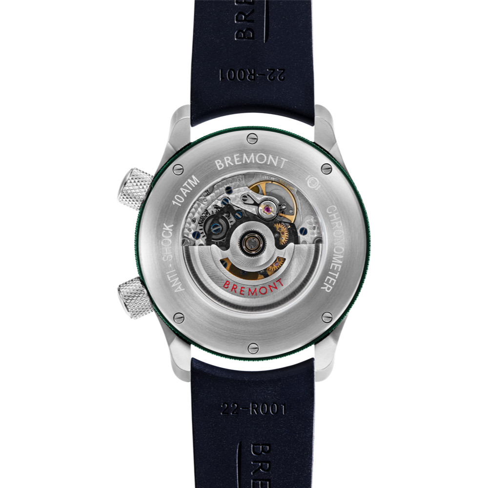 Bremont Watch Company Configurator MBII Custom Stainless Steel, Blue Dial with Green Barrel & Open Case Back